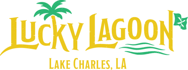 Lucky Lagoon logo with a palm tree and waves, Lake Charles, LA.